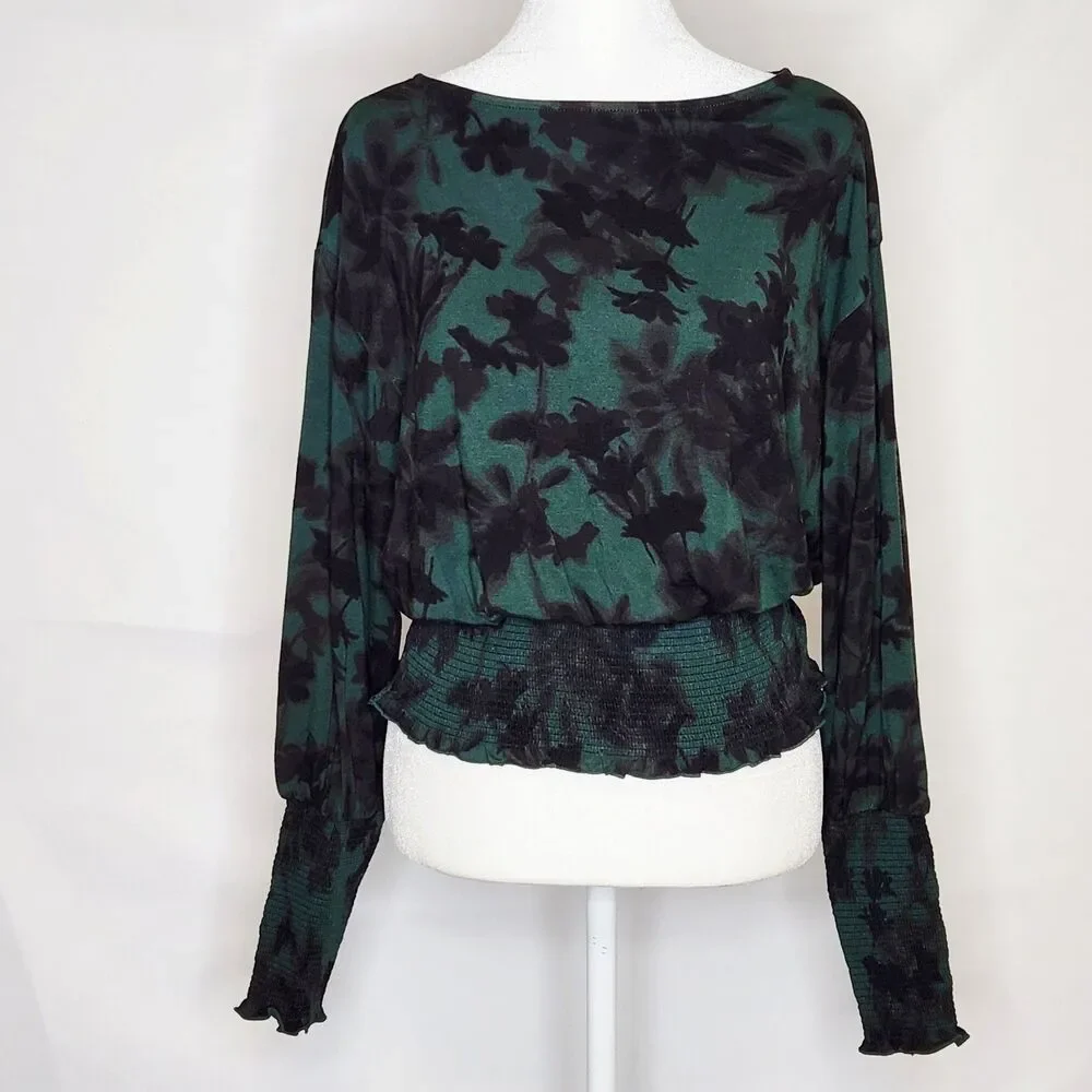 Madewell Forest Green Leafy Botanical Print Smocked Waist Top XS Cottagecore
